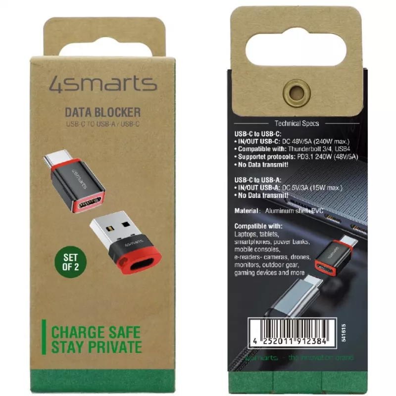 Liidese adapter 4smarts 541615 — USB Type-A (host) USB USB-C (väljund), must, sirge isane-emane, pakendis 2 tk