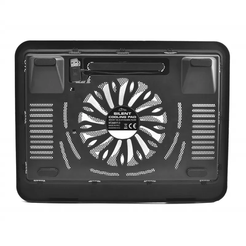 Jahutusalus MEDIA-TECH MT2660 — USB-toitega sülearvuti jahuti, 1 ventilaator 13,5 cm, 20 CFM, 1000 p/min, 330×250×40 mm, 327 g, taustvalgustus