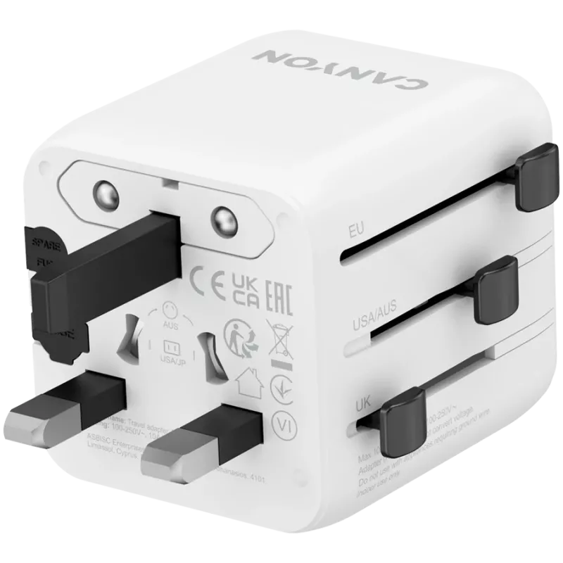 Reisiadapter CANYON OnTour One EU UK US AUS valge (CNS-TA1005W) – universaalne pistiku teisendus EL/ÜK/USA/AUS jaoks