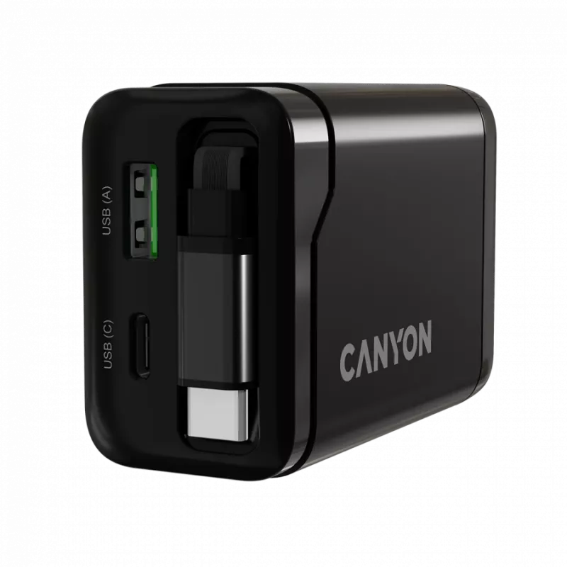 Laadija CANYON OnCharge 65RC sisseehitatud USB-C kaabliga, 65 W, 1x PD, 1x QC, EL-pistik, must