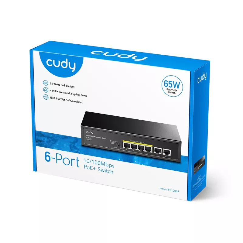 Võrgukommutaator Cudy FS1006P Fast Ethernet 6-pordiline (4 PoE, 1 PoE+) 10/100 Mbit/s, 1,2 Gbit/s ribalaius, metallkorpus, raami/seinale kinnitatav