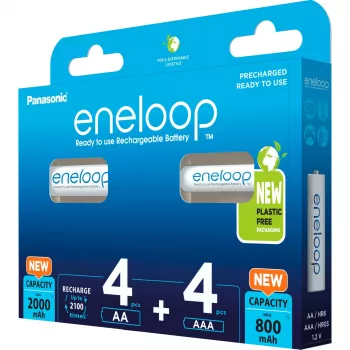Laetavad akud Panasonic Eneloop AA 2000 mAh (4 tk) ja AAA 800 mAh (4 tk), Ni‑MH, 1,2 V, 8 tk