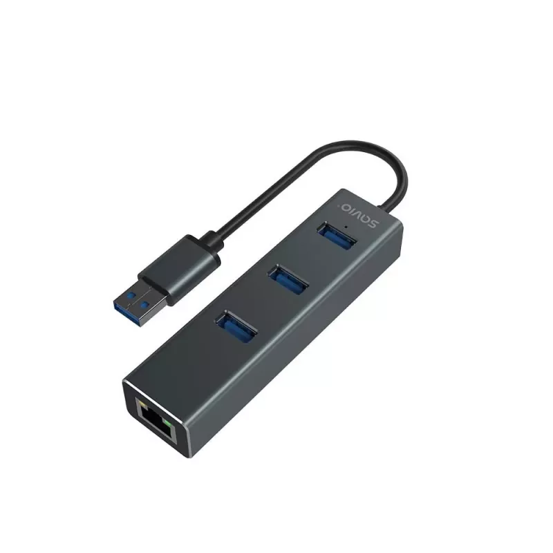 SAVIO USB-A jaotur RJ-45 Gigabit Ethernetiga AK-57 — 3× USB-A + RJ-45, USB 3.2 Gen 1 Micro‑B host, 5 Gbit/s, 4 porti, hall
