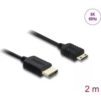 HDMI-kaabel DELOCK 81685 — 2 m, HDMI tüüp A (isane) HDMI tüüp C (Mini, isane), 48 Gbit/s, kuni 7680×4320, kullatud kontaktidega, must