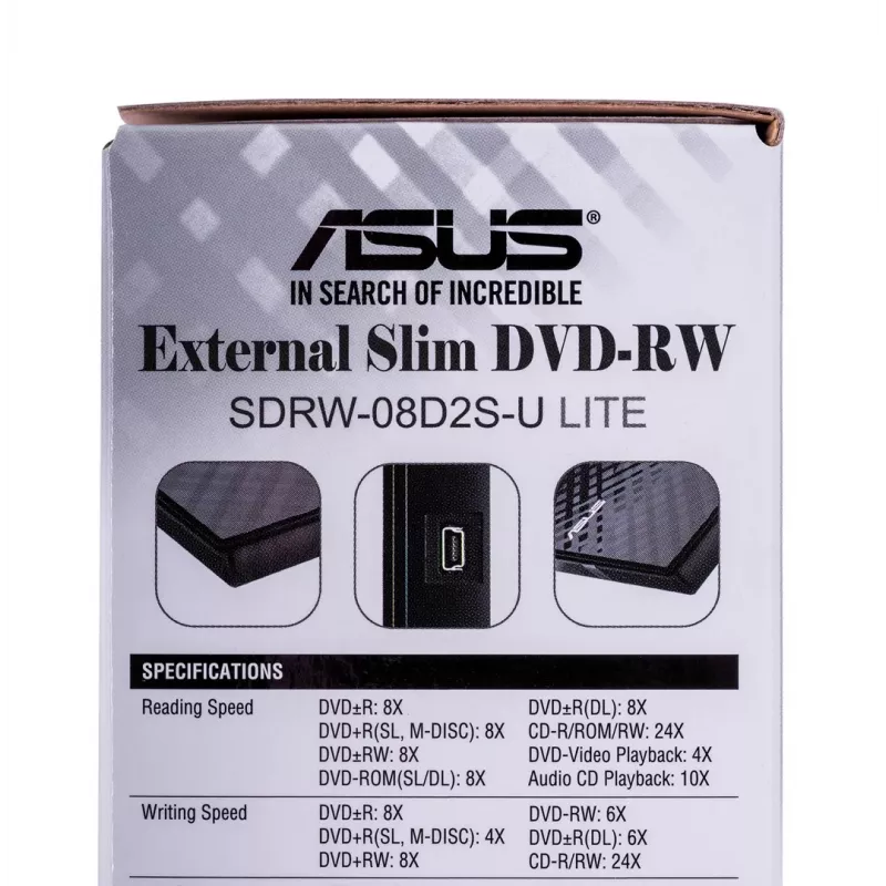 Väline DVD±RW optiline kettaseade ASUS SDRW-08D2S-U Lite, USB 2.0, must, 24x CD / 8x DVD, 142×142×20 mm