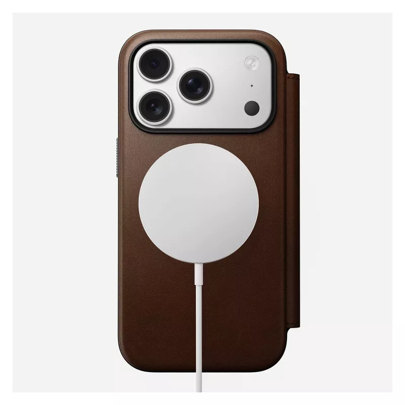 Nahast fliip-stiilis telefonikate Nomad Modern Leather Folio iPhone 17 Pro jaoks — pruun, sobib 6,3 tolli (16 cm) ekraanile, 4 kaarditaskut