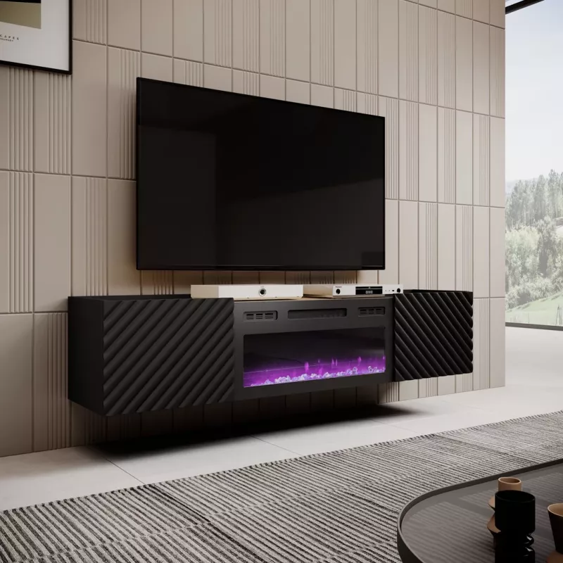 TV-kapp Cama Meble ONDA elektrilise kaminaga 1805×400×580 mm, must, puitlaastplaadist pealispind (põrandal seisev või seinale kinnitatav)