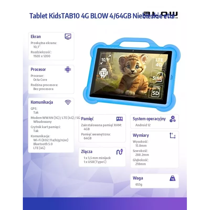 Tahvelarvuti BLOW KidsTAB10 10,1-tolline täissuuruses tahvelarvuti, 10,1-tolline IPS 1200x1920, Android 12, 4 GB muutmälu, 64 GB eMCP, 4G (MicroSIM), 6000 mAh, Astral Blue
