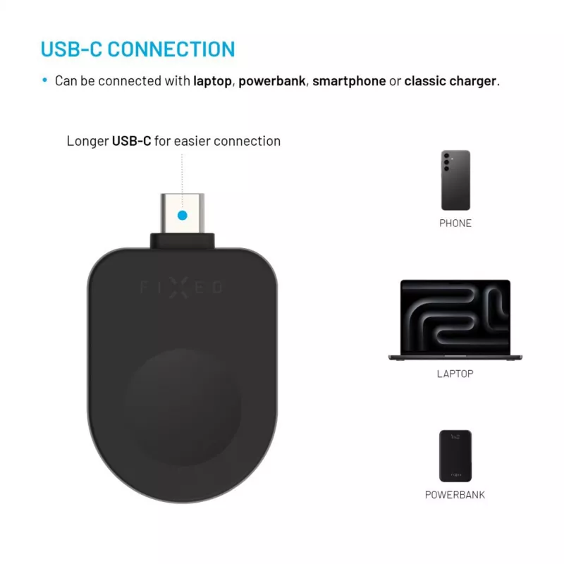 Fikseeritud USB-C laadimisadapter FIXED FIXDW-AWAP-BK Apple Watchi Powerstation Uni jaoks, kompaktne varuosa