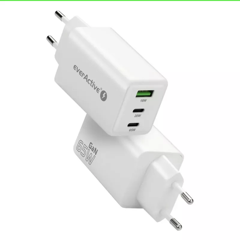 Toiteadapter everActive SQ-655Q 65W, 1×USB-A + 2×USB-C kiirlaadimine