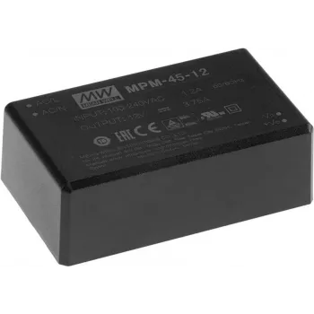 Toiteadapter Mean Well MPM-45-5, sisetingimustesse 45 W, sisend 80–264 V, must, 52 × 87 × 29,5 mm