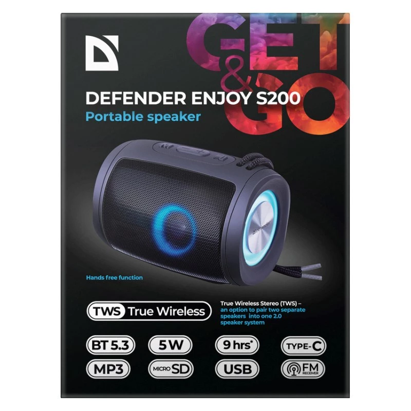 Kaasaskantav Bluetooth-kõlar DEFENDER Ejoy S200 TWS 2.0, 5W, Bluetooth 5.3, LED, 10 h aku, sisseehitatud mikrofon