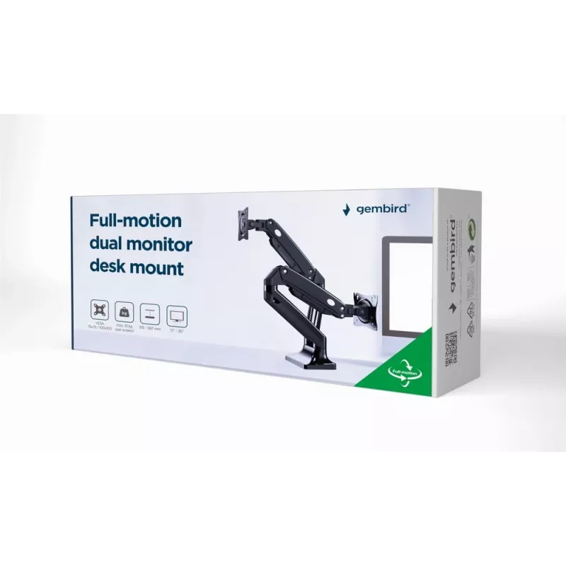Monitorialuse alus GEMBIRD MA-DA2-03 kuni 35-tollistele ekraanidele, klamber, VESA 75x75–100x100, 20 kg, must, kahe ekraani tugi