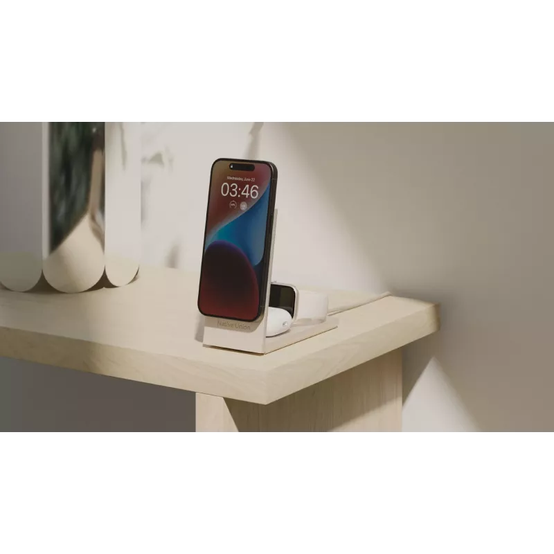 Juhtmevaba laadija Native Union Rise 3‑In‑1 Qi2 — USB, 2 m kaabel, helehall (liivakivi)