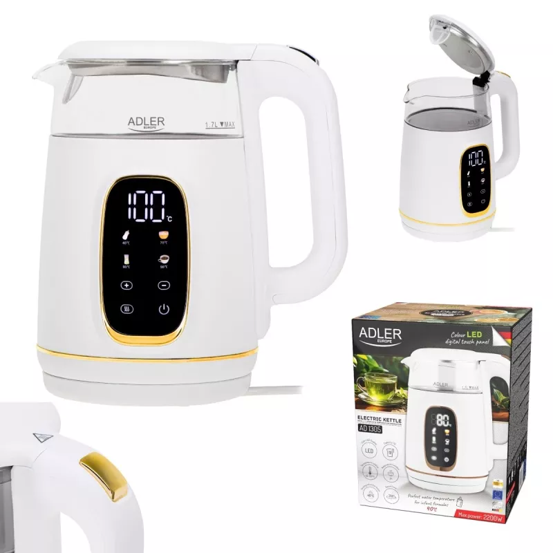 Elektriline veekeetja Adler AD 1305WG — 1,7 l, 2200 W, klaas/plast, valge/kuldne/läbipaistev