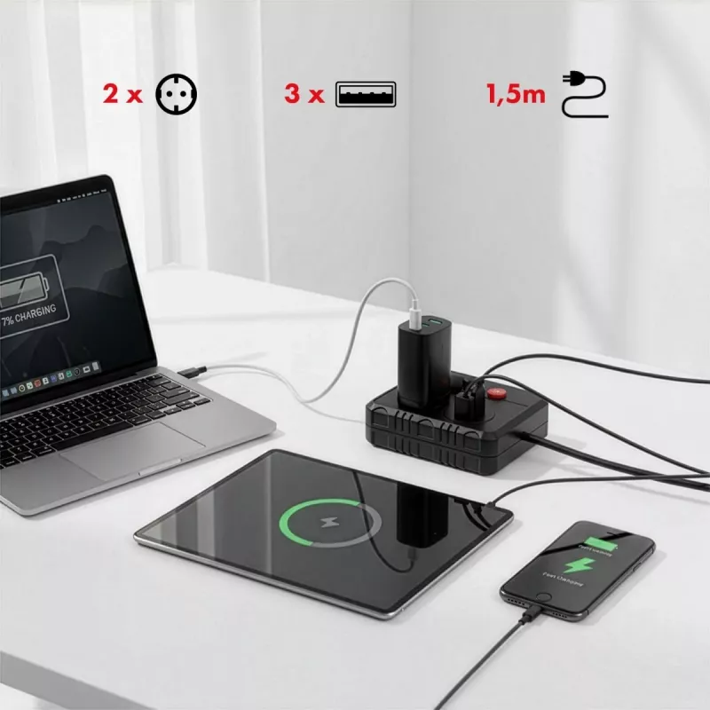 Pikendusjuhe MACLEAN MCE387 B — 2 pistikupesa, 3×USB A, 110–240V, 1,5 m kaabel, max 2500W