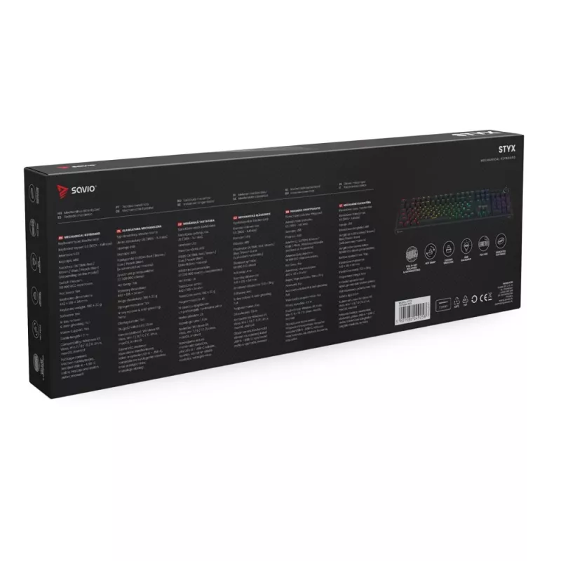Mehaaniline mänguklaviatuur SAVIO STYX Outemu Red — täissuuruses 104-klahviga USB-juhtmega, RGB, ANSI US International, 1,5 m, must