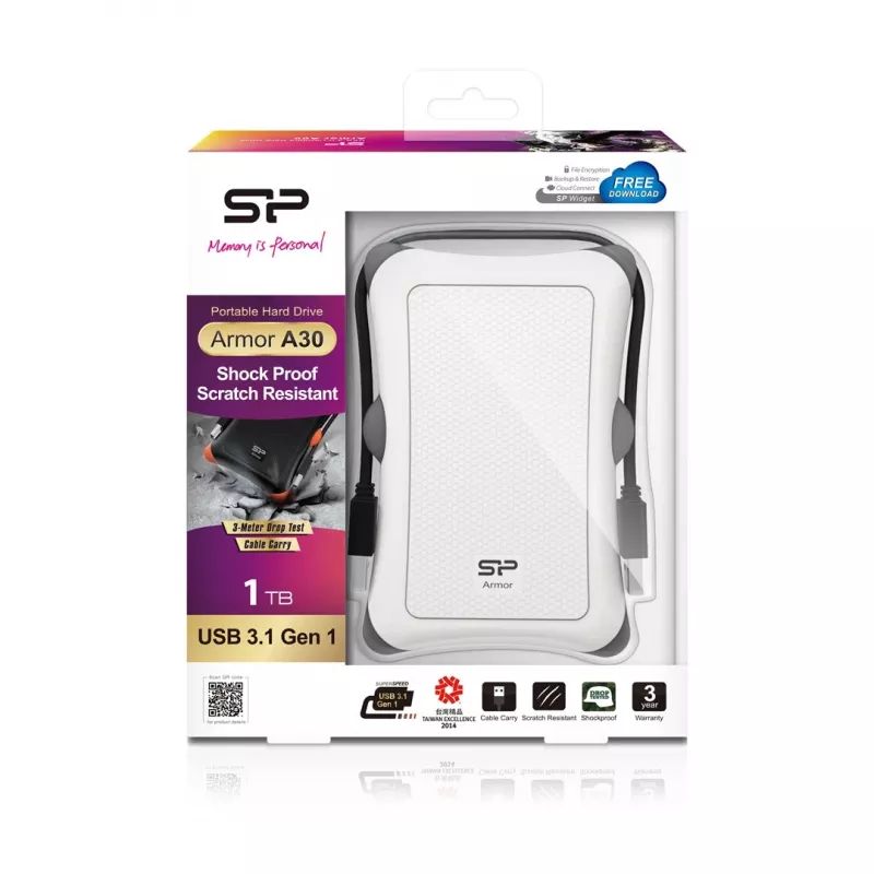 Väline kõvaketas Silicon Power Armor A30 1TB USB 3.2 Gen 1, 2,5-tolline HDD, valge, USB Type-A