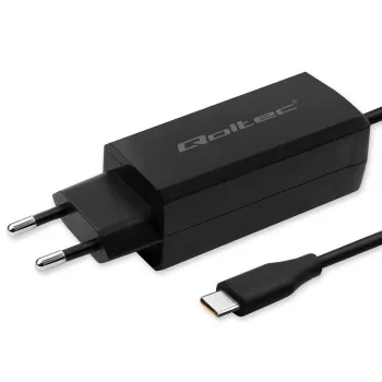 GaN sülearvuti laadija QOLTEC 52419 65W USB-C PD 5V/20V 3A/3.25A, 220–240V, 1,8 m kaabel, must