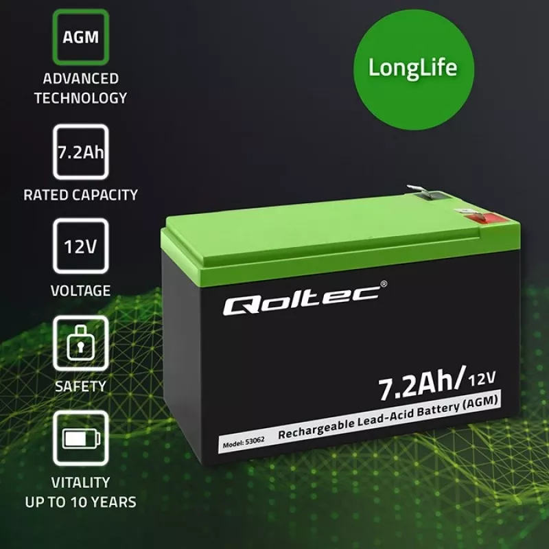 Qoltec 53062 AGM aku | 12V | 7,2 Ah | max 108A