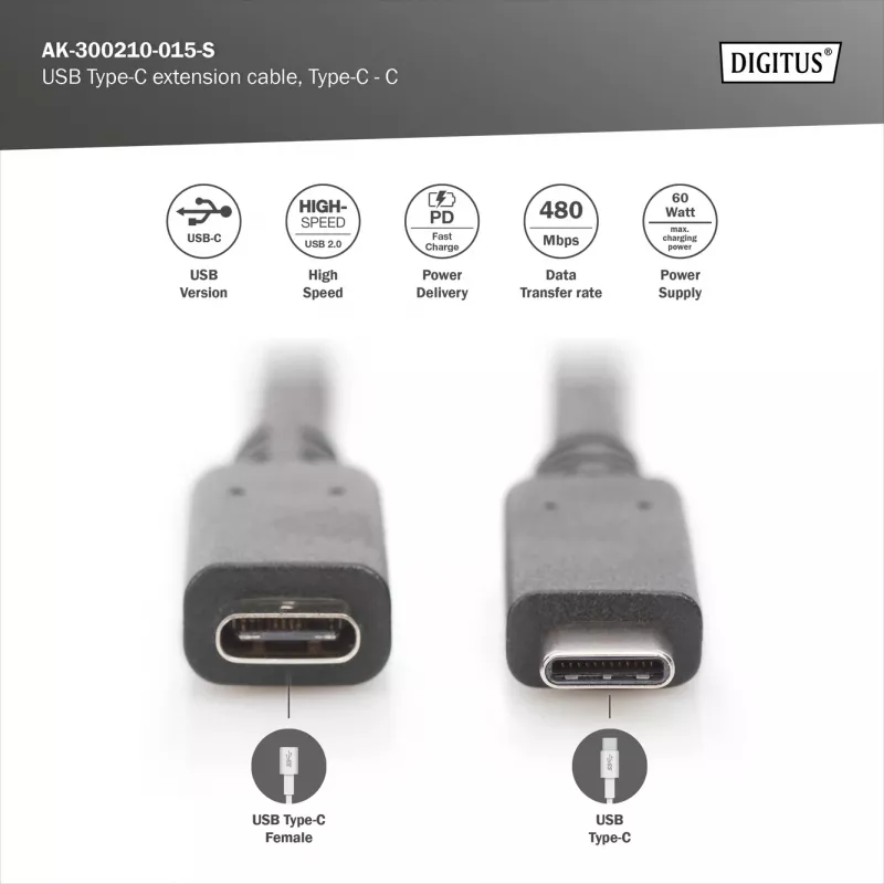 USB USB-C pikenduskaabel Digitus AK-300210-015-S