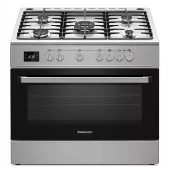 Eraldiseisev pliit Ravanson KWGE-K90A Cheff Modern — 90 cm, 5 põletiga gaasipliit koos 3000 W wok-põletiga, elektriahi 110 L, hõbedane