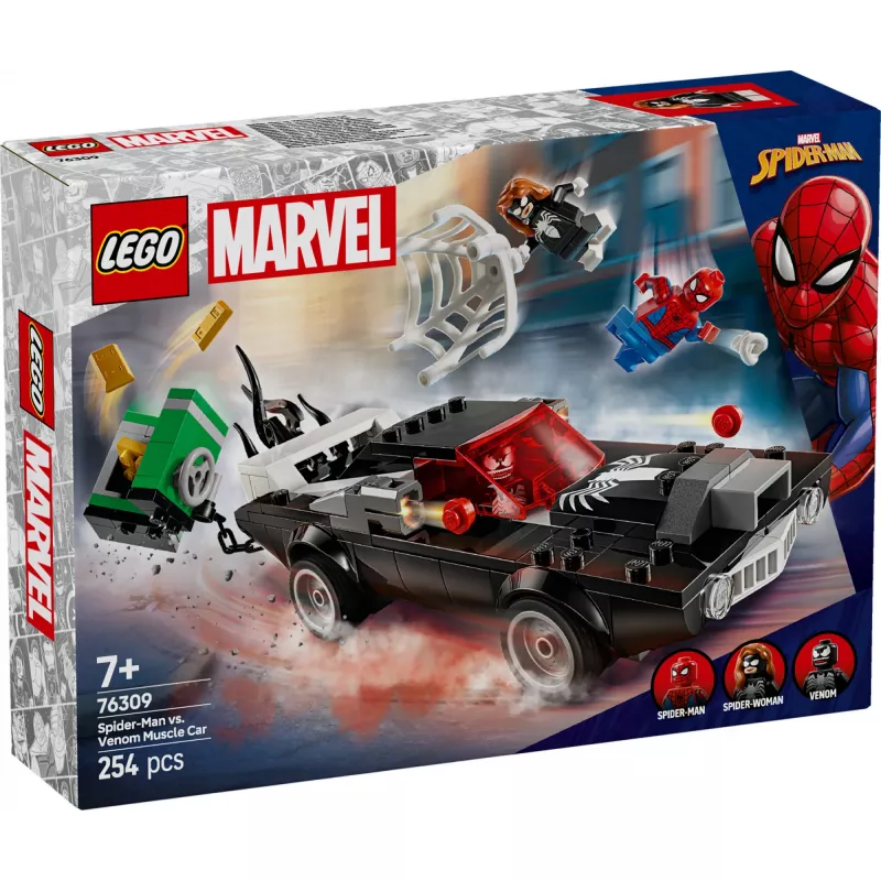 Ehituskomplekt LEGO Marvel Super Heroes Spider-Man vs. Venom Muscle Car 76309 — 254 tükki, 3 minifiguuri, vanus 7+