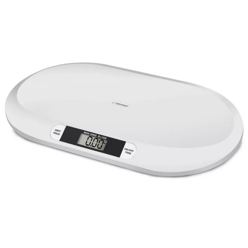 Elektrooniline imikukaal ESPERANZA EBS019 — kaalumisvahemik 0,03–20 kg, 0,01 kg jaotus, suur 60×25 mm LCD, valge