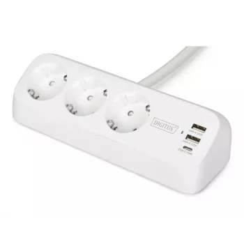 Pistikupesadega pikendusjuhe DIGITUS 3-ooline, 2×USB-A ja 1×USB-C, 3 vahelduvvoolu pistikupesa tüüp E/F, 1,5 m kaabel, valge