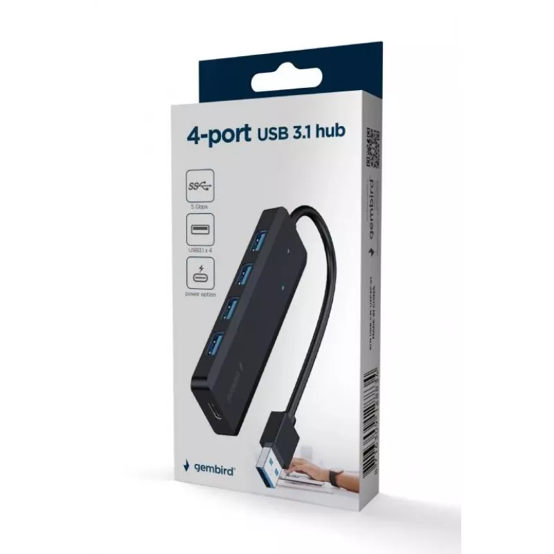 USB-jaotur Gembird 4-pordiline USB 3.1 (Gen 1) — 4 porti, USB 3.2 Gen 1 Type-A, 5V/2.1A, 109×30×10 mm, must