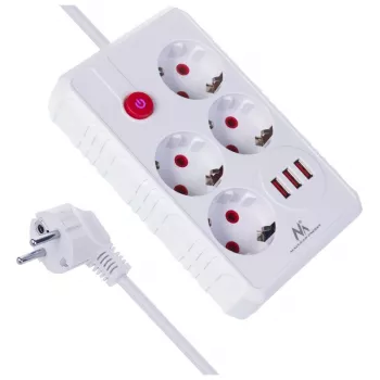 Pikendusjuhe MACLEAN MCE392 W — 4 F-pesa, 3×USB A, 110–240V, 2,1A max, 2500W, 1,5 m kaabel, valge