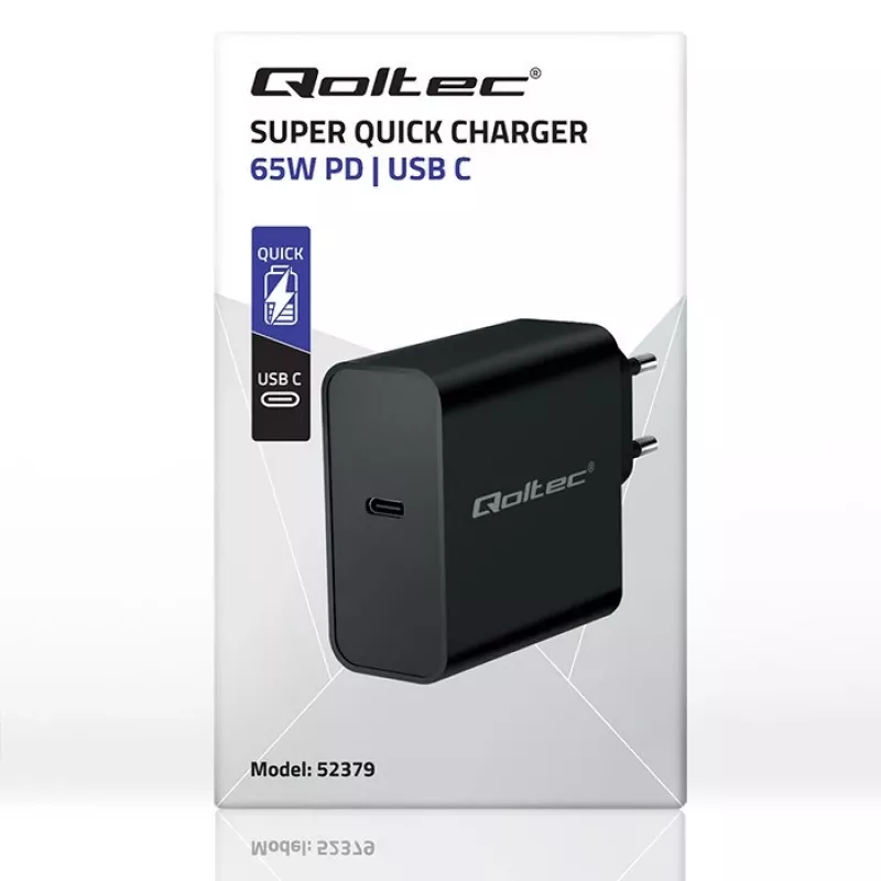 Laadija QOLTEC Super Quick PD 65W USB‑C Power Delivery 5–20V, 1x USB‑C, USB PD 3.0, Type C pistik, 65 W