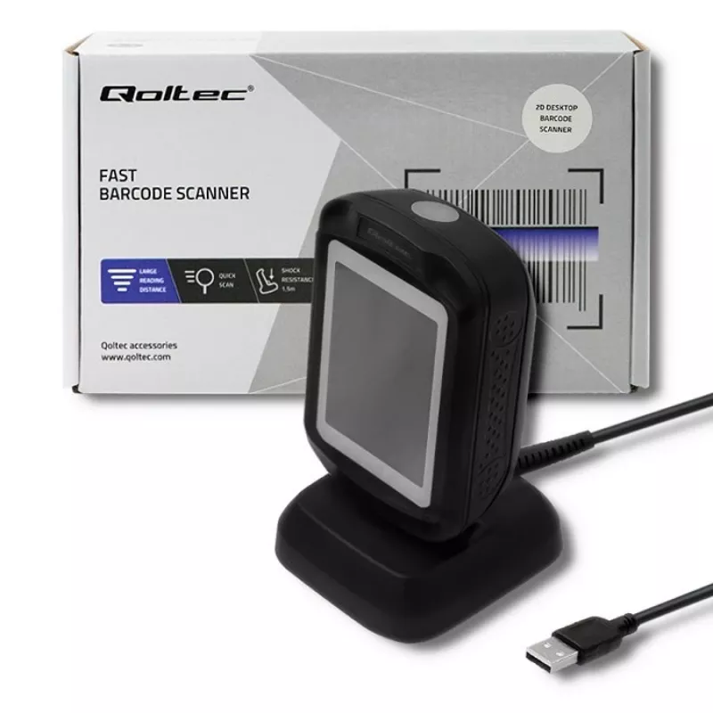 Fikseeritud 1D/2D vöötkoodiluger QOLTEC 50864, LED-andur, USB-juhtmega, must, 145×85×80 mm