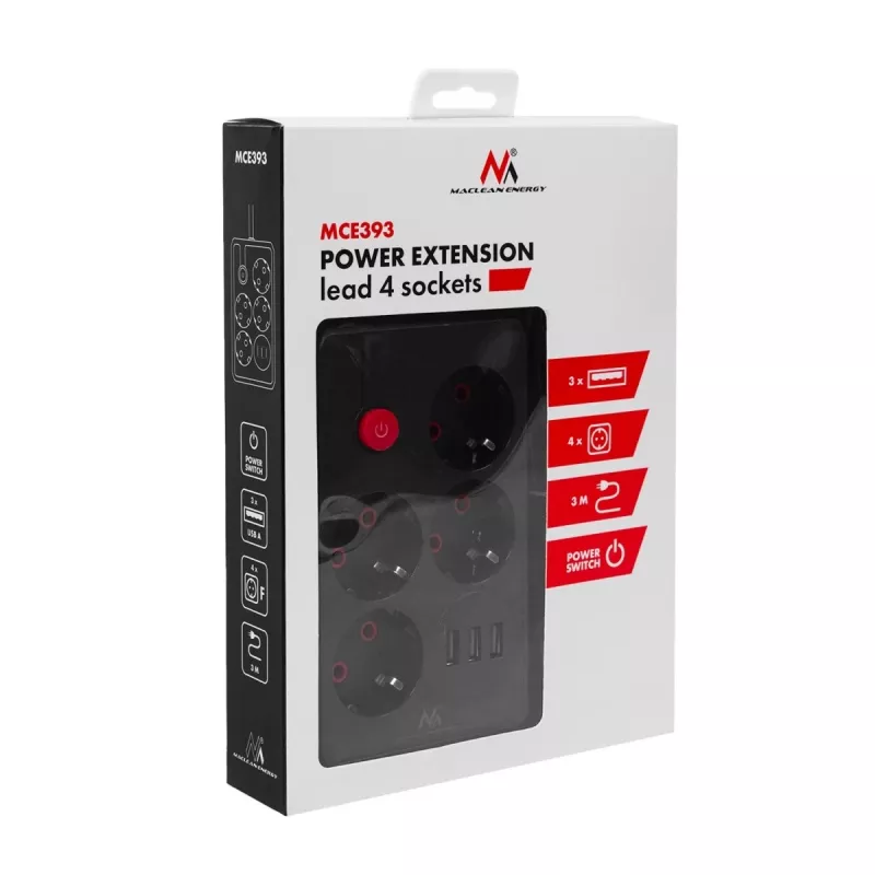 Pikenduspesa MACLEAN MCE393 B — 4 pistikupesa, 3×USB, 110–240 V, 2500 W, 3 m kaabel, must