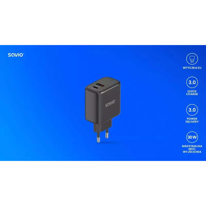 Välistingimustesse mõeldud laadija SAVIO LA-06/B USB USB-C 30W Power Delivery 1x USB-C Must, 5–20V, 3A/9V, 3A/5V, 3A/12V, 2,1A