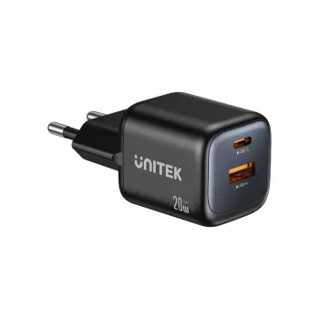 Seinalaadija Unitek P1128ABK01-EU — 2-pordiline GaN USB‑C ja USB‑A, kokku 20 W, must