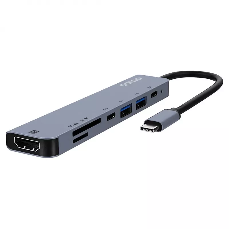 USB USB-C jaotur SAVIO AK-82 HDMI, MicroSD, USB 3.2 Gen1, PD läbipääsuga, 4K@30Hz, 5000 Mbit/s, must