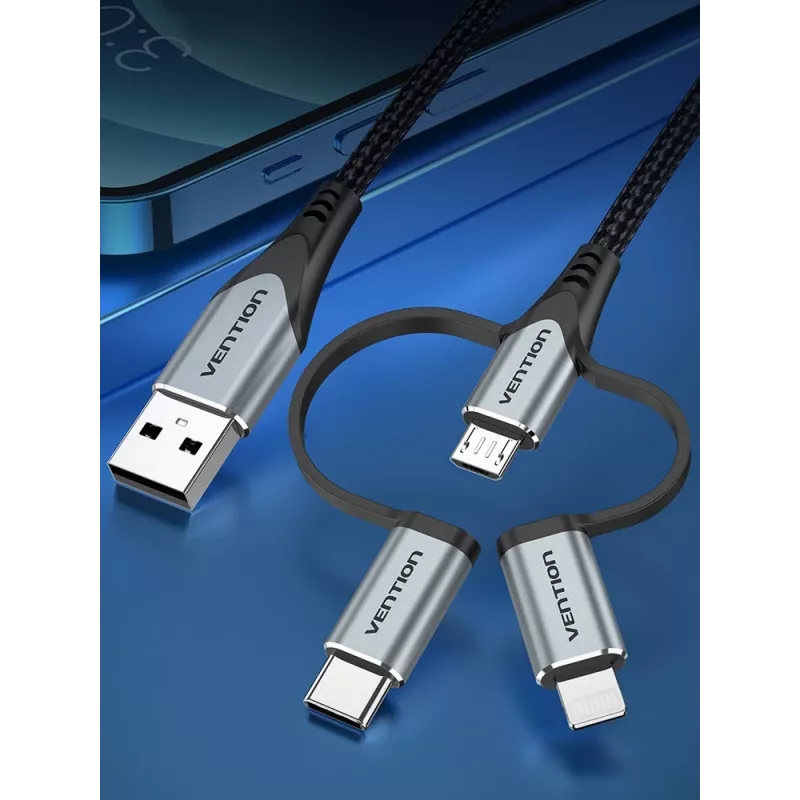 Vention USB 2.0 A isane 3-in-1 Micro-B&USB-C&Lightning isasele kaablile 1M Hall alumiiniumsulamist tüüp