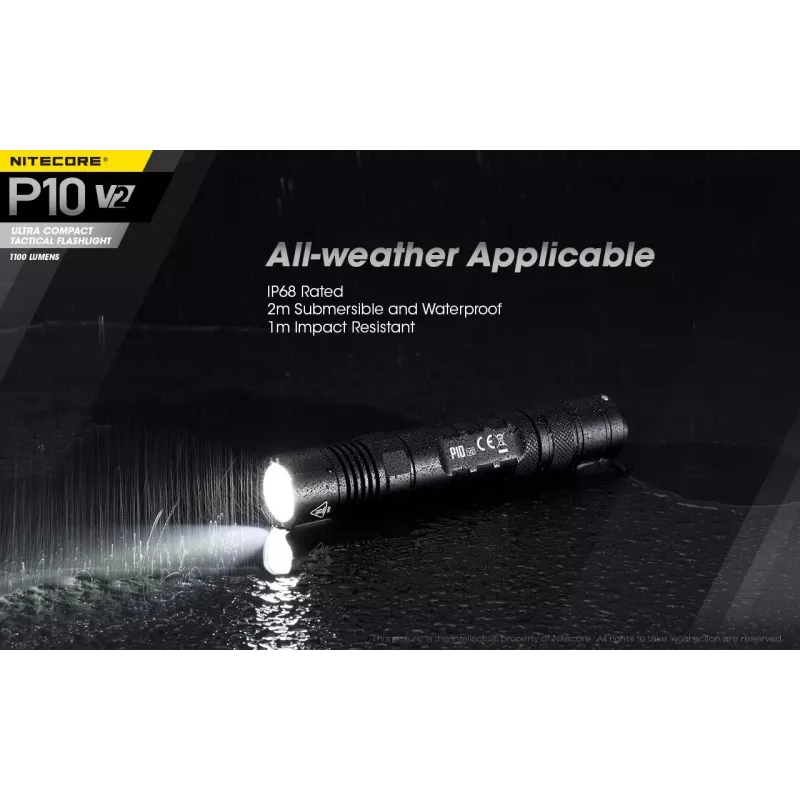 Taktikaline taskulamp Nitecore P10 V2 — 1000 lm, IP68 veekindel, põrutuskindel, 95 g, 18650/CR123 ühilduv