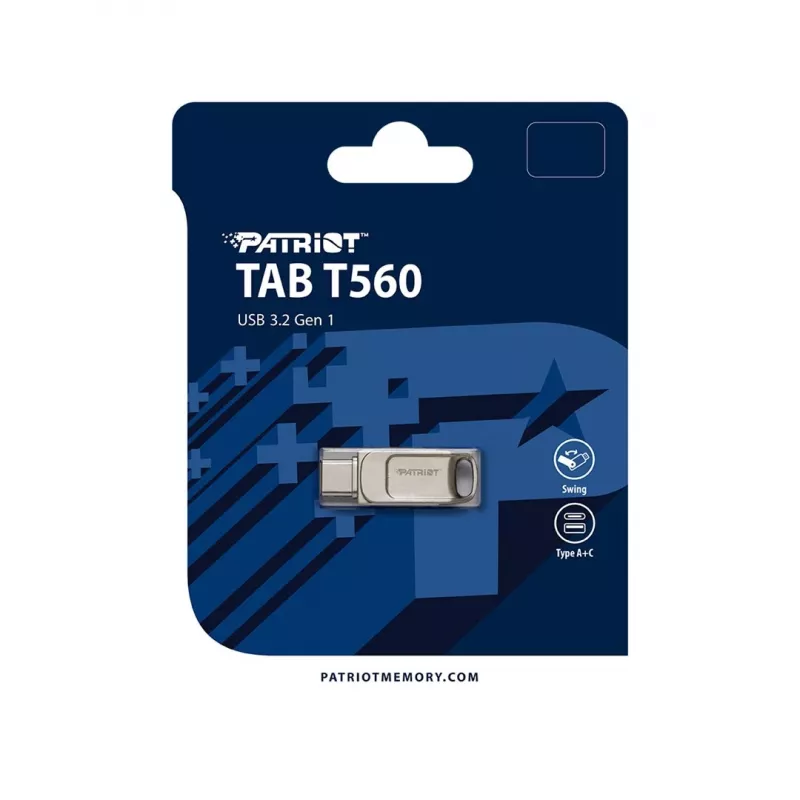USB-mälupulk PATRIOT PS64GT560DS5D 64GB USB 3.2 (USB-A & USB-C), pöörlev tsink-sulamist korpus, hõbedane