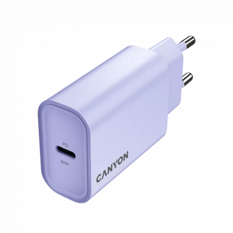 Seinalaadija CANYON OnCharge 30CL, 30 W USB-C PD, 1x PD-väljund, EL-pistik, lilla
