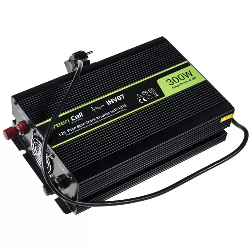 Toiteinverter roheline Cell INV07, alalisvool 12 V vahelduvvoolule 230 V, 300 W, 50 Hz, C-tüüpi pistik, must