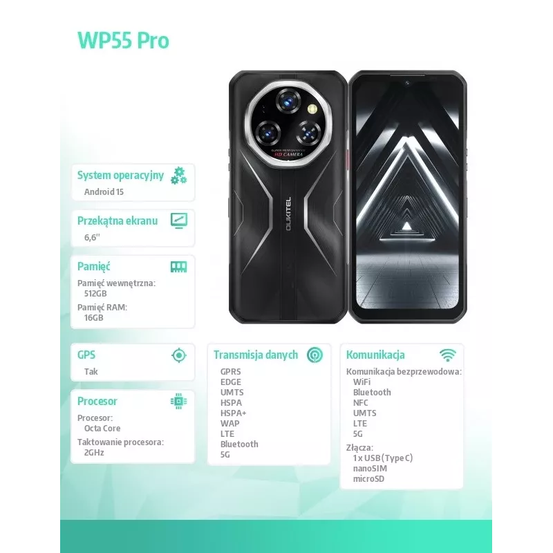 Nutitelefon Oukitel WP55Pro 6,6-tolline 16 GB muutmälu 512 GB salvestusruum must