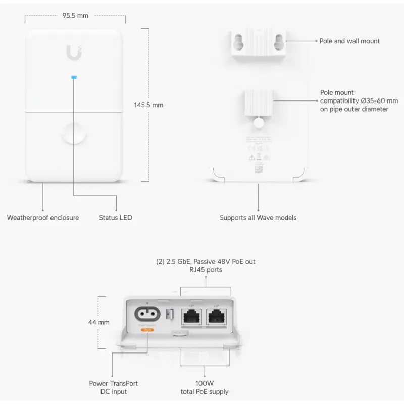 Ubiquiti UISP kahe toitega injektor 2,5 Gigabit Ethernet 48 V