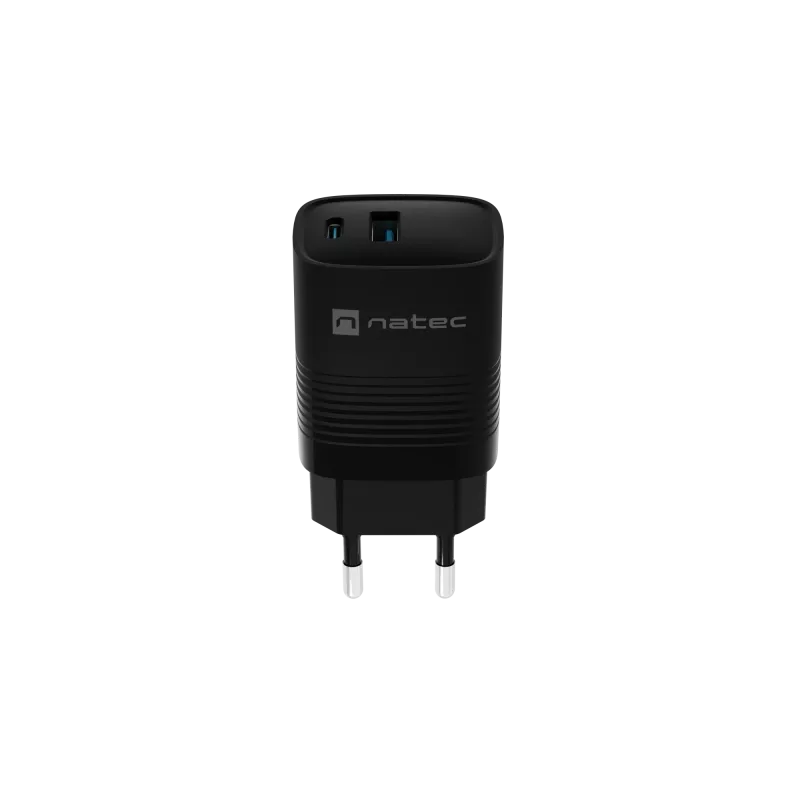 NATEC juhtmega mobiilseadme laadija NUC-2141, 30W, USB-C PD 3.0 + USB-A QC 3.0, 110–240V, must