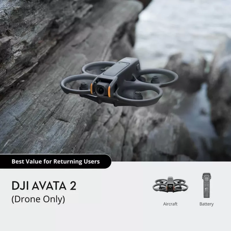 Drone DJI Avata 2 — maksimaalne ulatus 13 000 m, max kiirus 27 m/s, 4 rootorit, must (ilma prillide või kaugjuhtimispuldita)