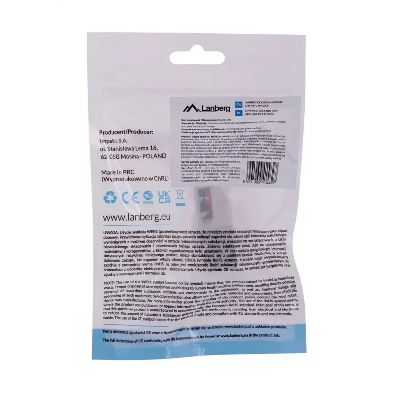 Keystone-moodul LANBERG KSU6-1090, Cat6 U/UTP lame, RJ-45 isane to LSA emane, AWG 22/26, 14.5×16.1 mm, valge