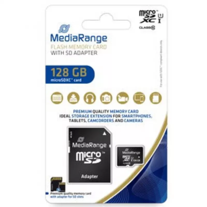 MediaRange MR945 - Mälupliias (microSDXC koos SD-adapteriga) - 128GB - UHS-I / Class10 - microSDXC - Must (MR945)