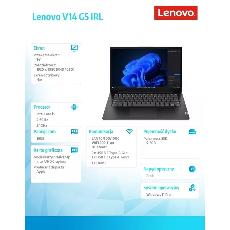 Lenovo V14 G5 83GU008FPB sülearvuti — Intel i5-13420H, 16 GB muutmälu, 512 GB SSD, 14,0-tolline FHD, Windows 11 Pro, Business Must, 3-a OS + 1-a CI garantii