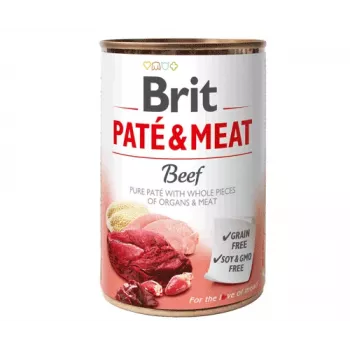 Märg koeratoit Brit Paté & Meat veiselihaga 400 g — täiskasvanud koeratoit, 400 g purk, 75% niiskus, 11% valku, gluteeni- ja laktoosivaba